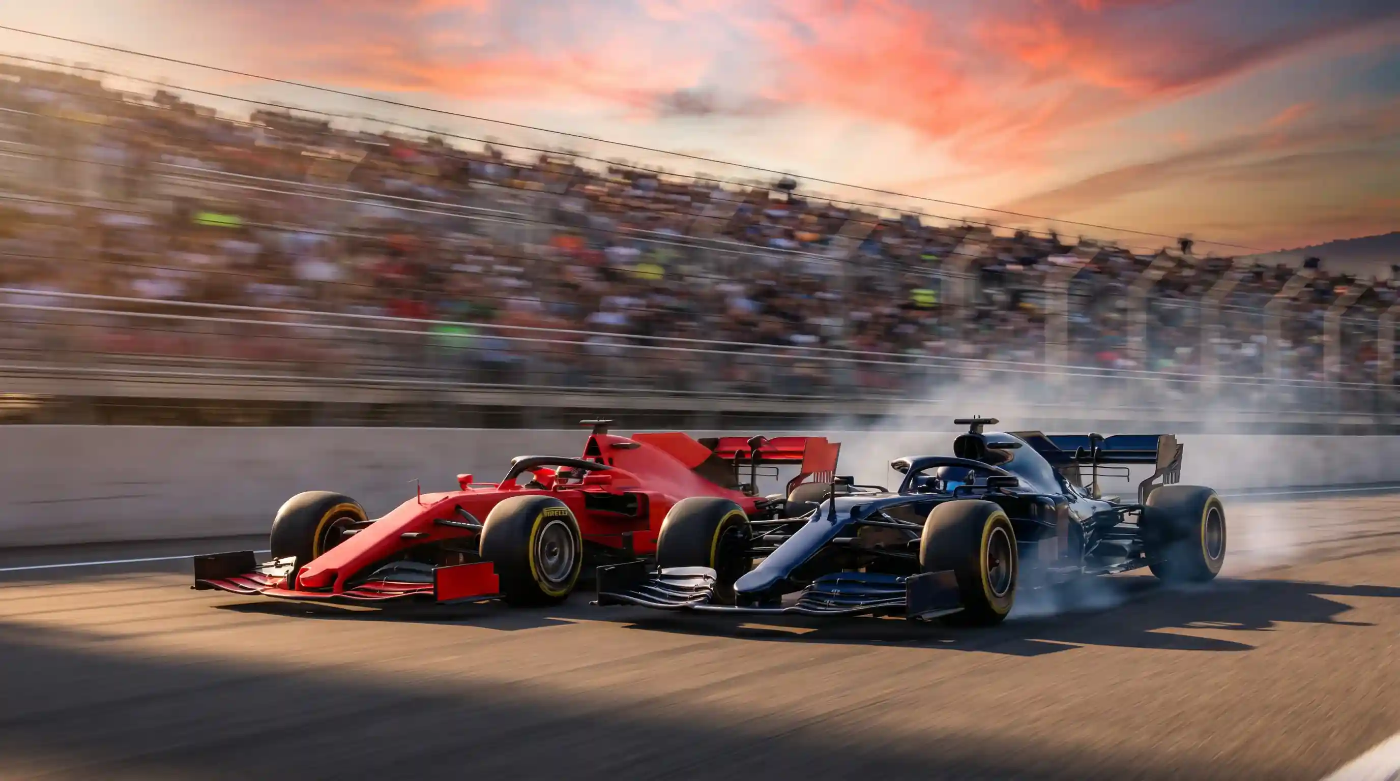 Formula 1 cars racing through a Grand Prix corner at high speed
