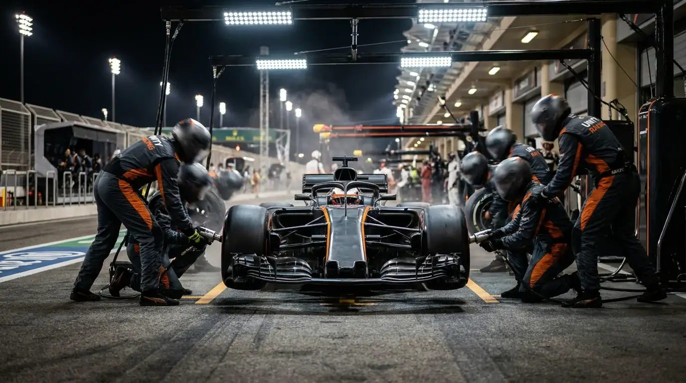 Formula 1 pit crew performing a tyre change during a live Grand Prix pit stop