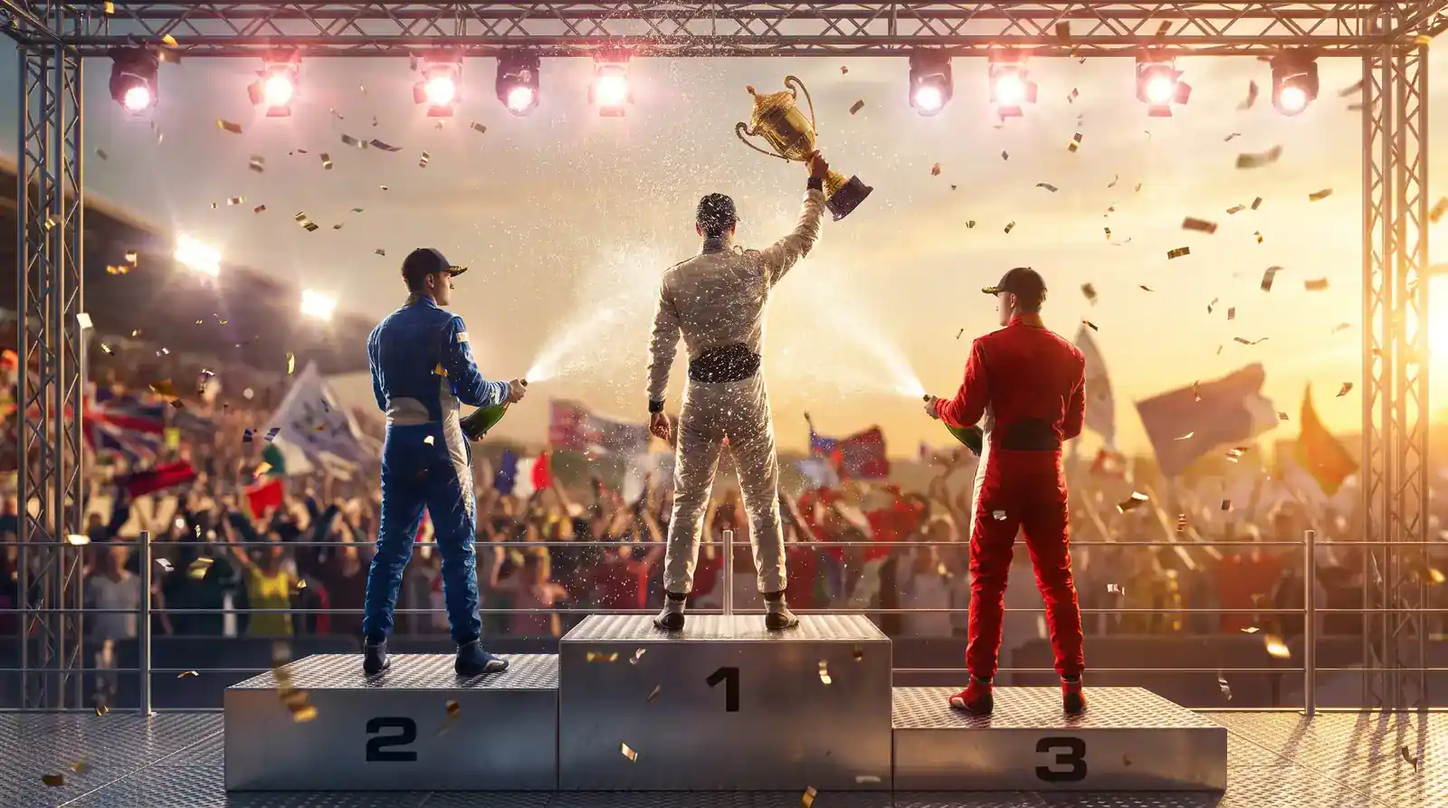 Formula 1 drivers celebrating on the podium after a Grand Prix finish