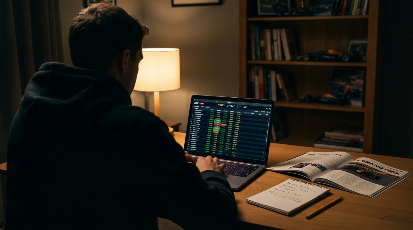 Punter reviewing F1 race data and betting markets on a laptop during a Grand Prix weekend